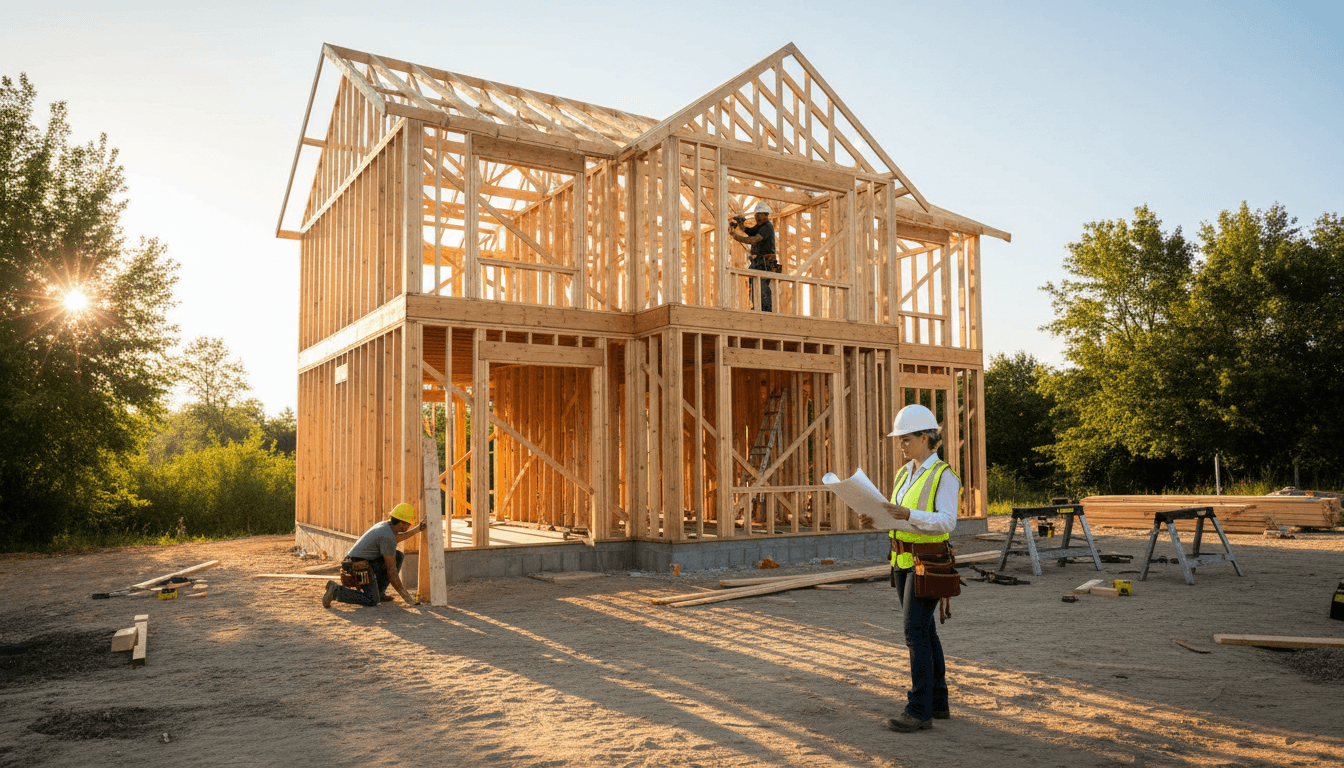 Brown Exquisite Homes construction team reviewing building plans at a residential project site