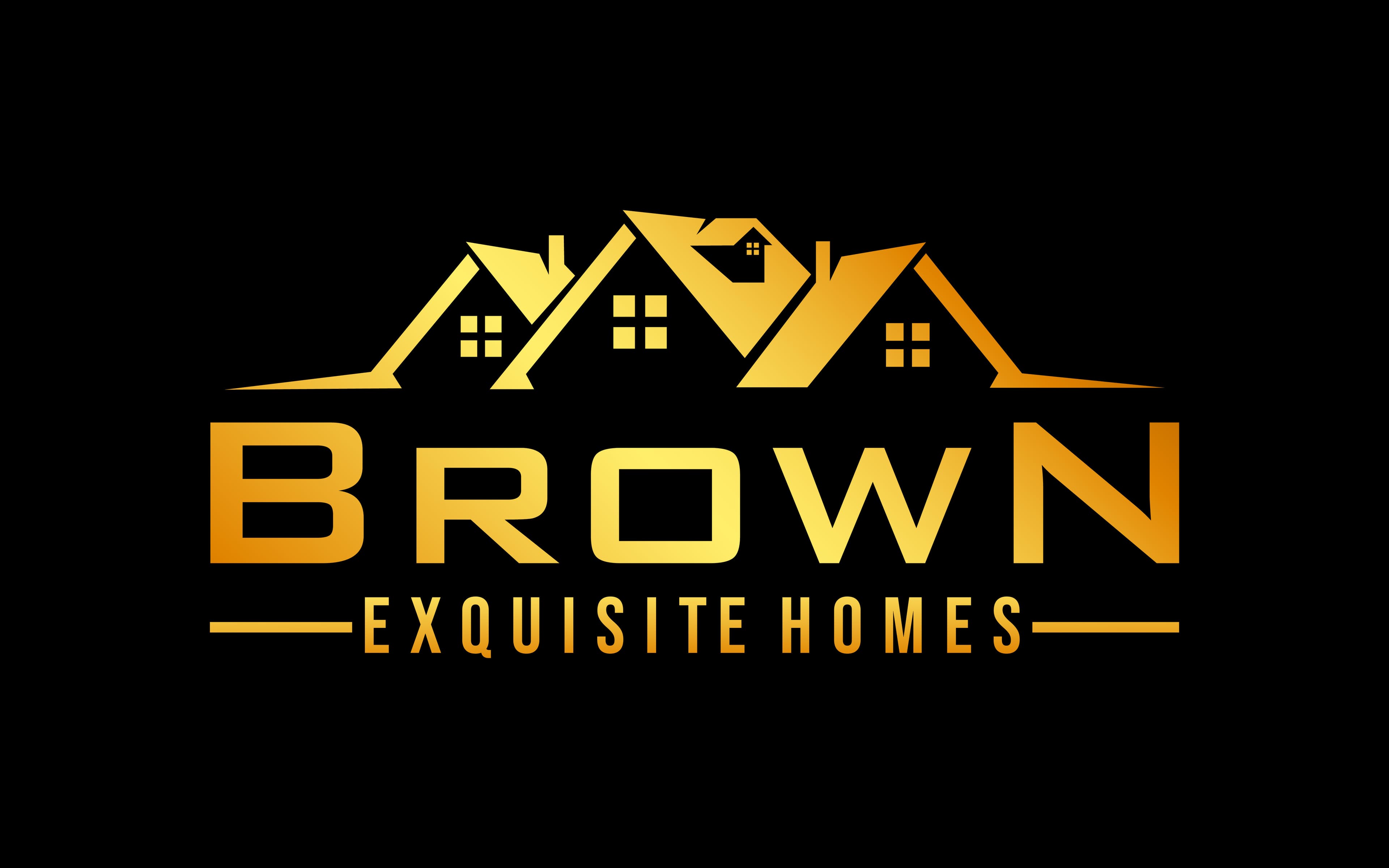 Golden logo for Brown Exquisite Homes showing stylized house roofs and windows on black.