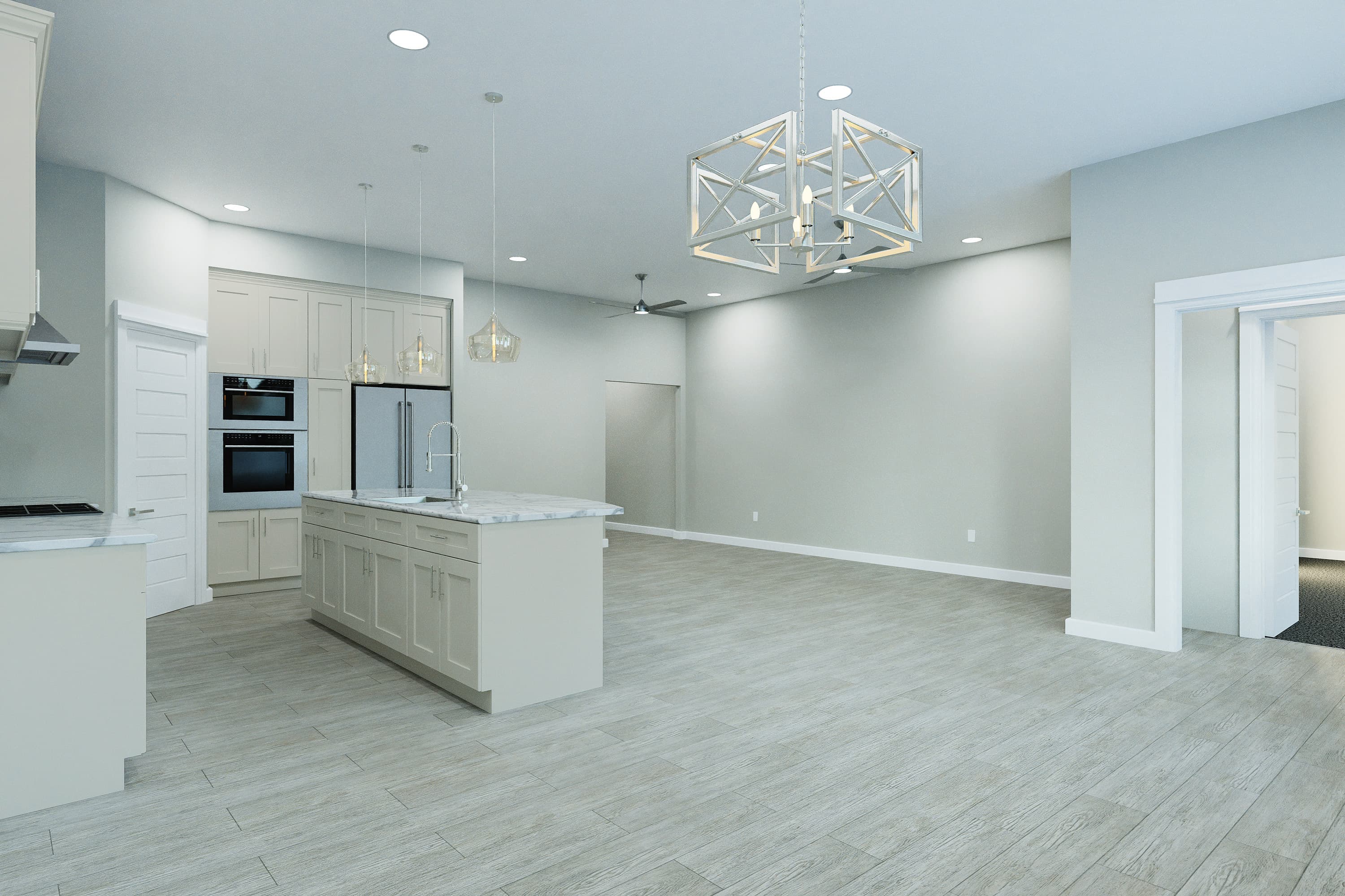 Bright modern kitchen featuring a marble island, light cabinets, and a large geometric chandelier.